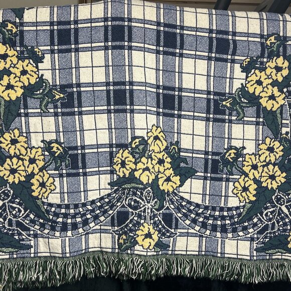 Large Plaid Floral Woven Fabric Throw for Upcycling – 69x48 – Pre-Owned - Picture 1 of 2